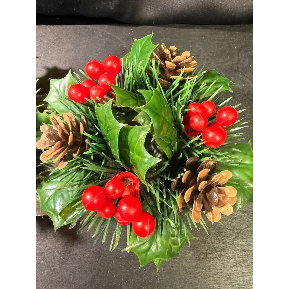 Vintage Christmas Holly Berry Pinecone Candle Rings with Red Taper Candles Set